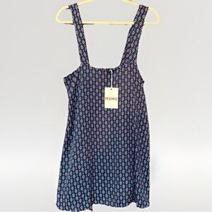 NWT Show Me Your Mumu Mini Dress S Navy Floral Print Pocket Pinafore Overall
